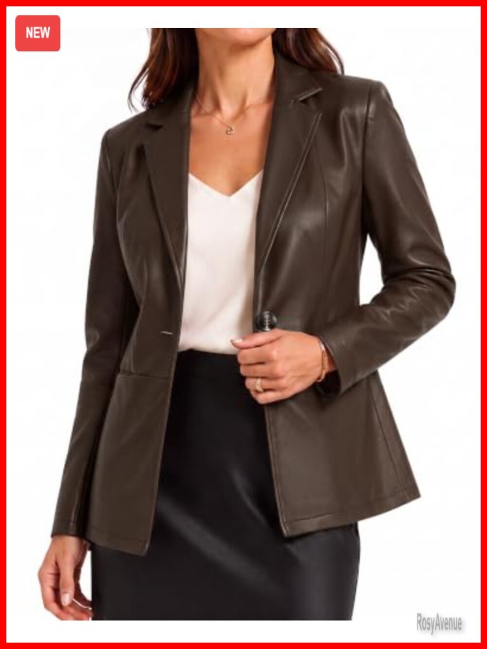 Faux Leather Blazer Jacket Women 3/4 Sleeve Notch Collar Slim Fit Business